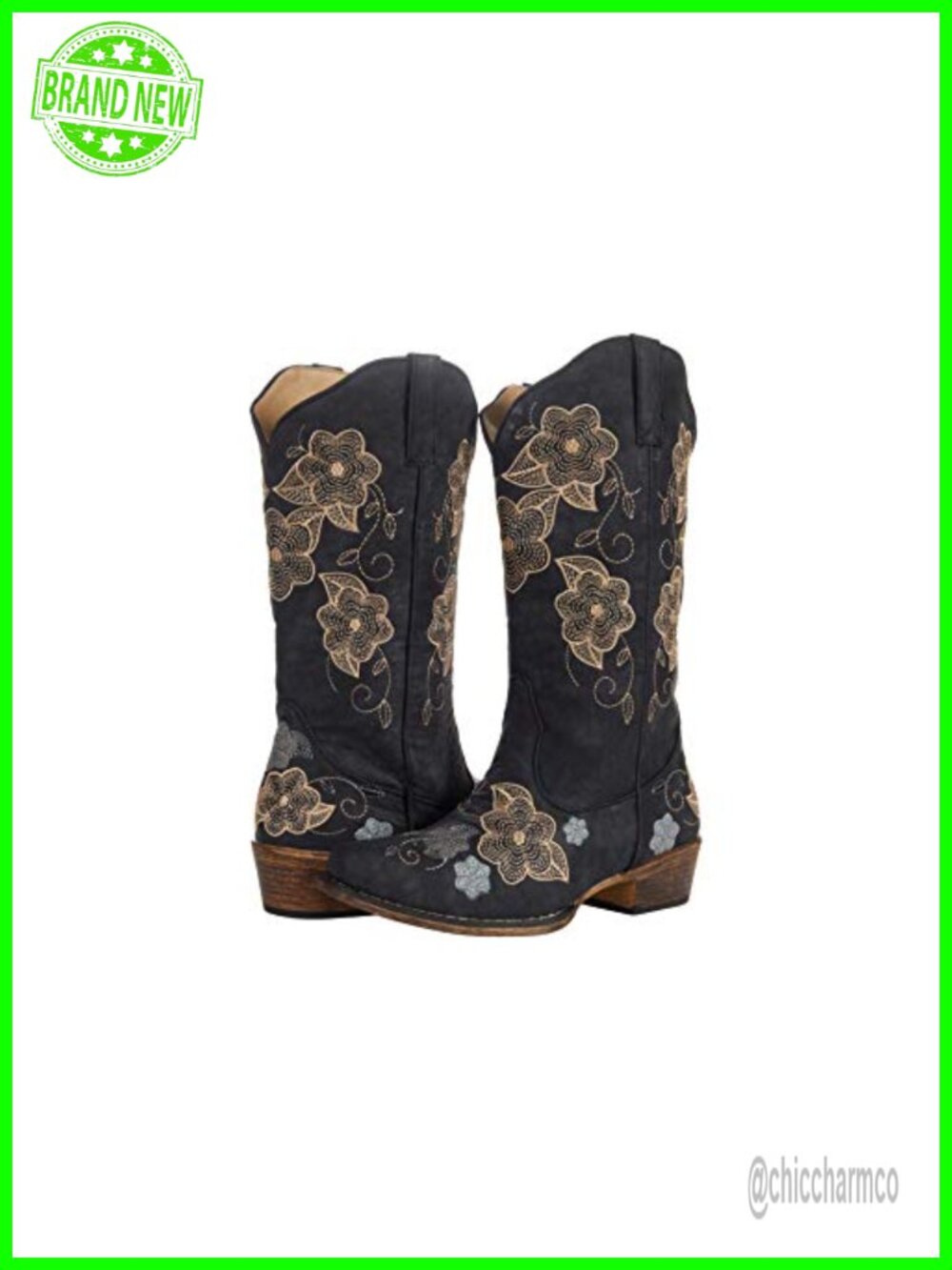 Faux Leather Snip Toe Equestrian Boots Embroidered Pull On Mid-Calf